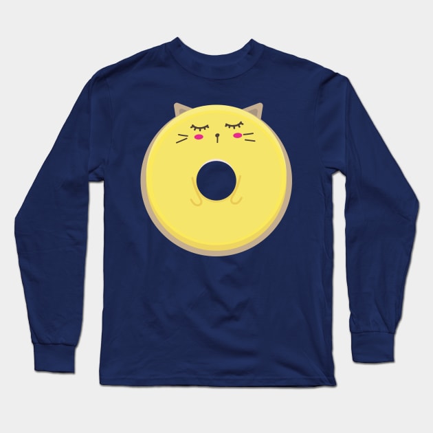 Kawaii Yellow Blushing Cat Donut Long Sleeve T-Shirt by InkyArt